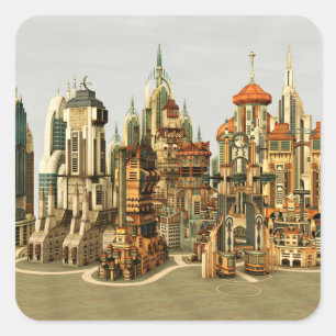 Futuristische Fantasie Stad Sci-Fi Silhouet Kunst Vierkante Sticker