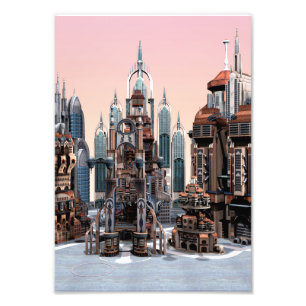 Futuristische Fantasie Stad Sci-Fi Silhouette Kuns Foto Afdruk