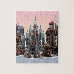 Futuristische Fantasie Stad Sci-Fi Silhouette Kuns Legpuzzel