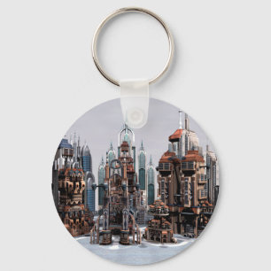 Futuristische Fantasie Stad Sci-Fi Silhouette Kuns Sleutelhanger