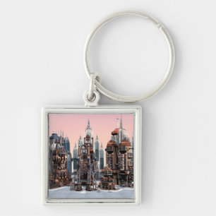 Futuristische Fantasie Stad Sci-Fi Silhouette Kuns Sleutelhanger