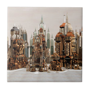Futuristische Fantasie Stad Sci-Fi Silhouette Kuns Tegeltje