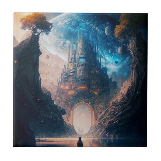 Futuristische Fantasy Castle Landscape Ceramic Teg Tegeltje (Voorkant)