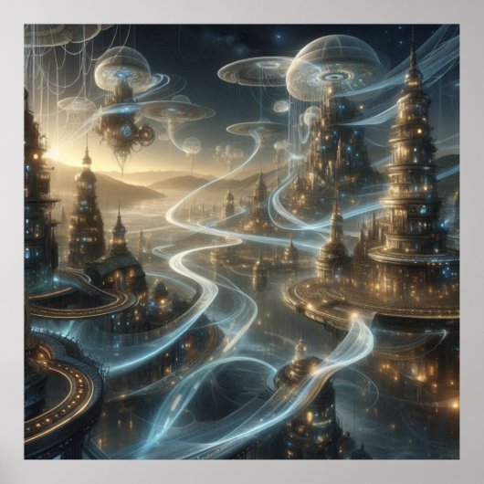 Futuristische Fantasy Space City Streams Poster (Voorkant)