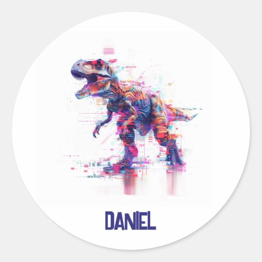 Futuristische Glitch T-Rex Dinosaurus met Kinder n Ronde Sticker (Voorkant)