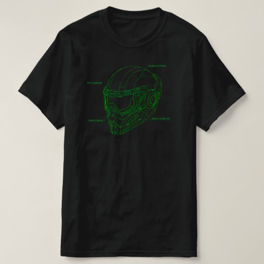 Futuristische groene draadframe cyberhelm blauwdru t-shirt (Design voorkant)