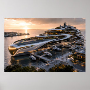 Futuristische luxe megajacht marina zonsondergang poster