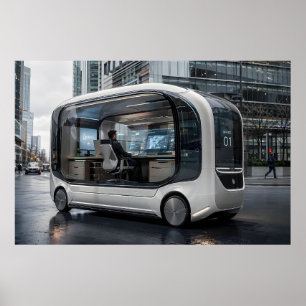 Futuristische mobiele kantoorpod in stedelijke nat poster