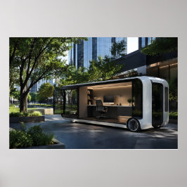 Futuristische mobiele kantoorpod in stedelijke nat poster