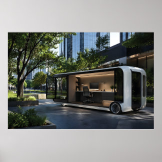 Futuristische mobiele kantoorpod in stedelijke nat poster
