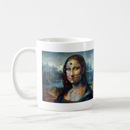 Futuristische Mona Lisa AI Kunst Mok (Links)