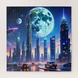 Futuristische Neon Cityscape met vliegende auto's  Legpuzzel