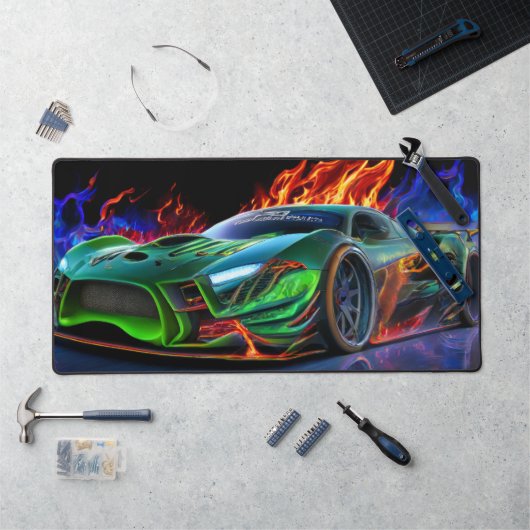 Futuristische neon groene supercar vuur bureaumat (Werkstation)