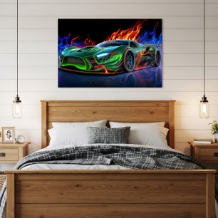 Futuristische neon groene supercar vuur foto afdruk