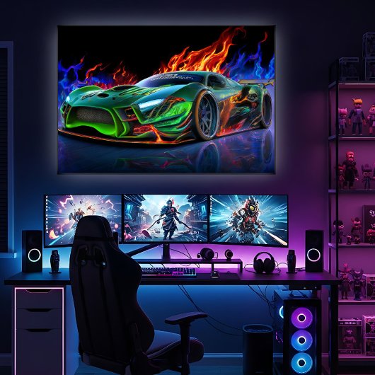 Futuristische neon groene supercar vuur poster