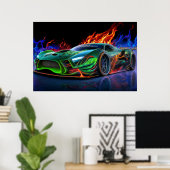 Futuristische neon groene supercar vuur poster (Thuiskantoor)