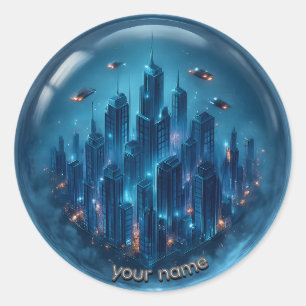 Futuristische Neon Mini City 3D-Sticker Ronde Sticker