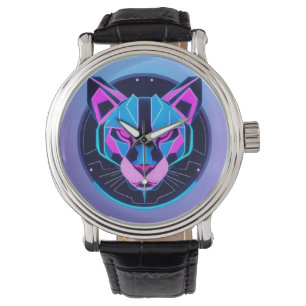 Futuristische neon panter Gezicht in geometrische Horloge