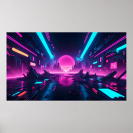 Futuristische Neon Vaporwave Stad Horizon Synthwav Poster