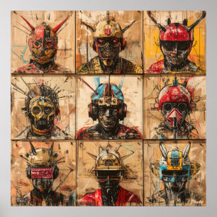 Futuristische oorlogs-maskers in graffiti abstract poster