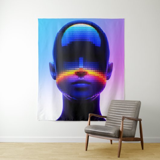 Futuristische Pixel Art Portrait – Digitaal Abstra Wandkleed (In situ)