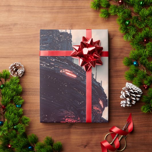 Futuristische platforms in de wolken bij schemerin cadeaupapier (Feestdagen Geschenken)