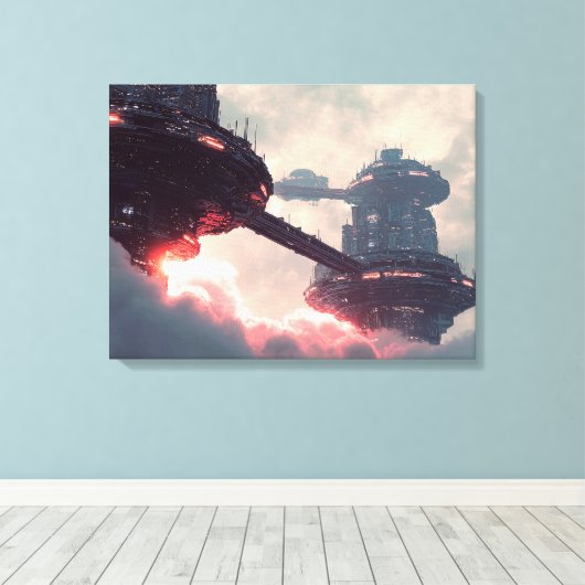 Futuristische platforms in de wolken bij schemerin canvas afdruk (Insitu (Houten vloer))