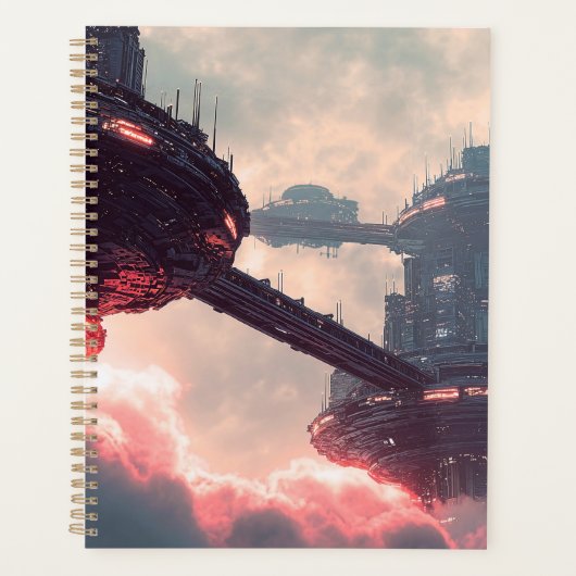 Futuristische platforms in de wolken bij schemerin planner (Voorkant)