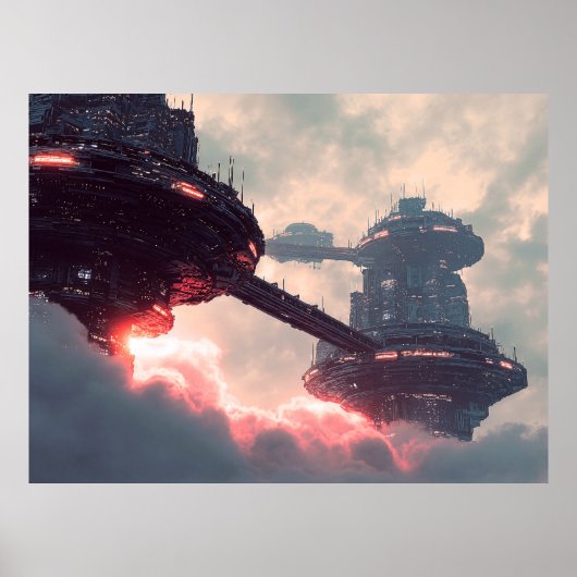 Futuristische platforms in de wolken bij schemerin poster (Voorkant)