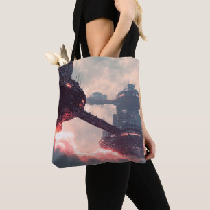 Futuristische platforms in de wolken bij schemerin tote bag