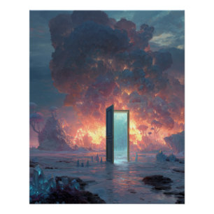 Futuristische Portaal Te midden van Vuurrode Lucht Perfect Poster