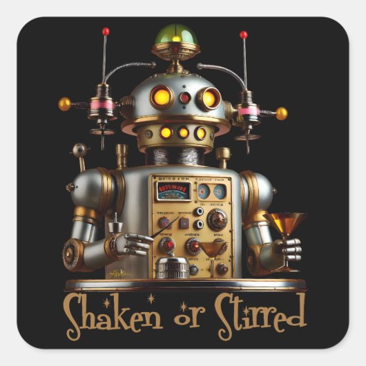 Futuristische Robot Bartender "Geschud of Geroerd" Vierkante Sticker (Voorkant)