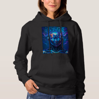 futuristische robot, cyberpunk AI, gloeiende blauw Hoodie