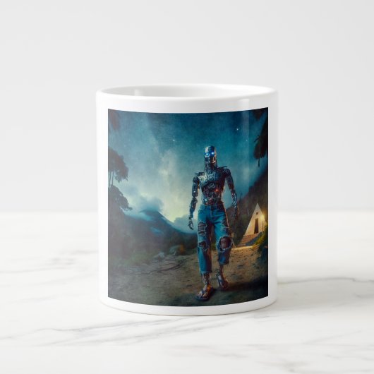 Futuristische robot in een antiek landschap grote koffiekop (Voorkant)