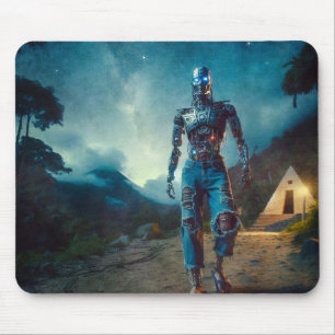 Futuristische robot in een antiek landschap muismat