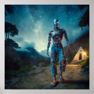 Futuristische robot in een antiek landschap poster