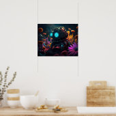 Futuristische robot omringd door bloemen poster (Keuken)