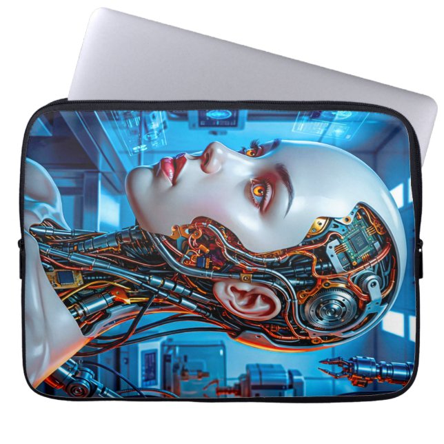 Futuristische Sci-Fi-Android Koel Blauw Tech Laptop Sleeve (Voorkant)