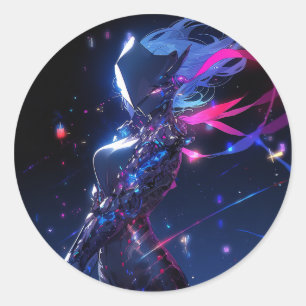 Futuristische Sci-Fi Cyber Warrior Anime Girl Ronde Sticker