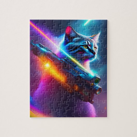 Futuristische Sci-Fi Warrior Cat met Laser Pistool Legpuzzel (Verticaal)