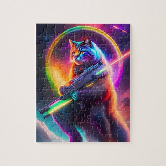 Futuristische Sci-Fi Warrior Neon Cat met laser. K Legpuzzel (Verticaal)