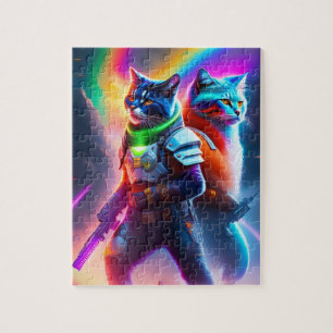 Futuristische Sci-Fi Warrior Neon Cats met laserka Legpuzzel