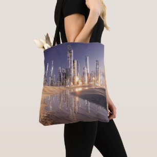 Futuristische Science-Fictionstad gereflecteerd in Tote Bag