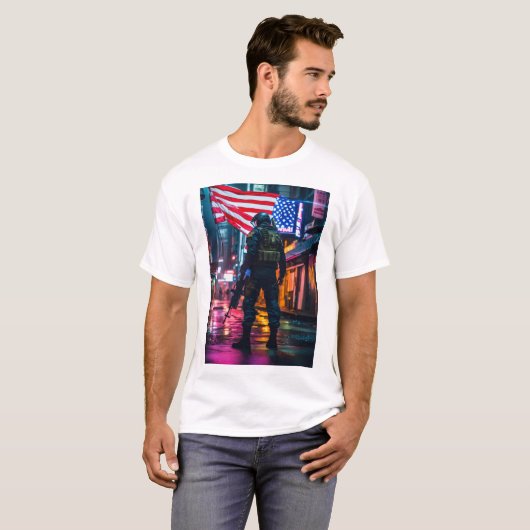 futuristische soldaat Amerikaanse vlag afbeelding T-shirt (Voorkant volledig)