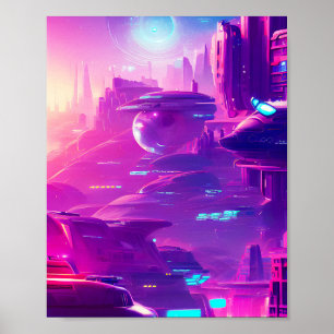Futuristische stad in neonverlichting poster