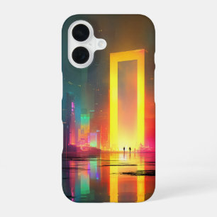 Futuristische stad met stralend neonportaal iPhone 16 hoesje