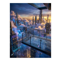 Futuristische stads zonsondergang muurkunst