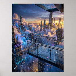 Futuristische stads zonsondergang muurkunst poster