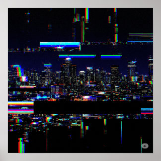 Futuristische stadsgezicht digitale glitch kunst poster