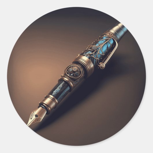 Futuristische Steampunk Style Fantasy Fountain Pen Ronde Sticker (Voorkant)